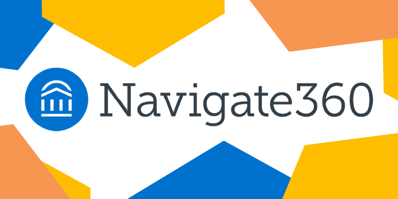 Banner with "Navigate360," it's logo lockup, and some abstract shapes bordering it with blue, yellow, and orange