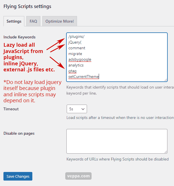 Lazy load all JavaScript from plugins, inline jQuery, remote .js files in the Flying Scripts plugin settings.