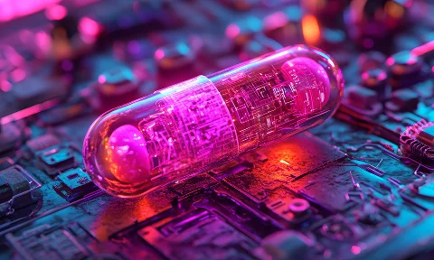 Pill (capsule) filled with electronics and placed on a circuit board