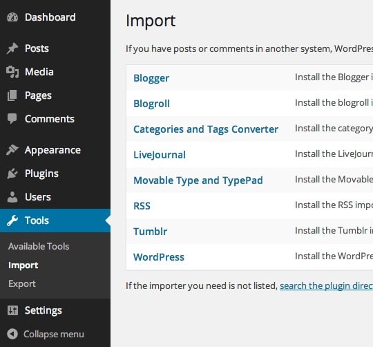 wp-dashboard > ‘Tools’ > import’ > WordPress using WordPress importer plugin