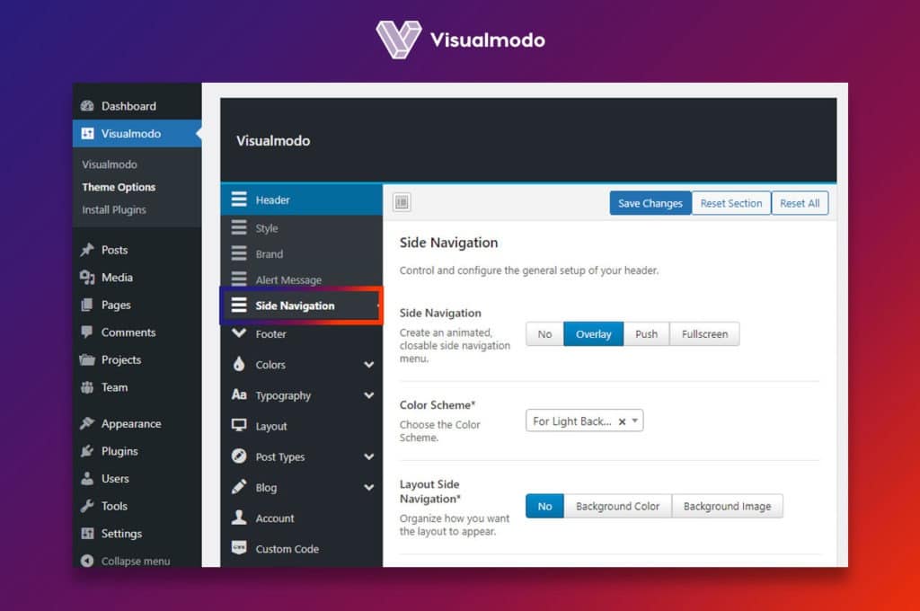 Side navigation options Visualmodo