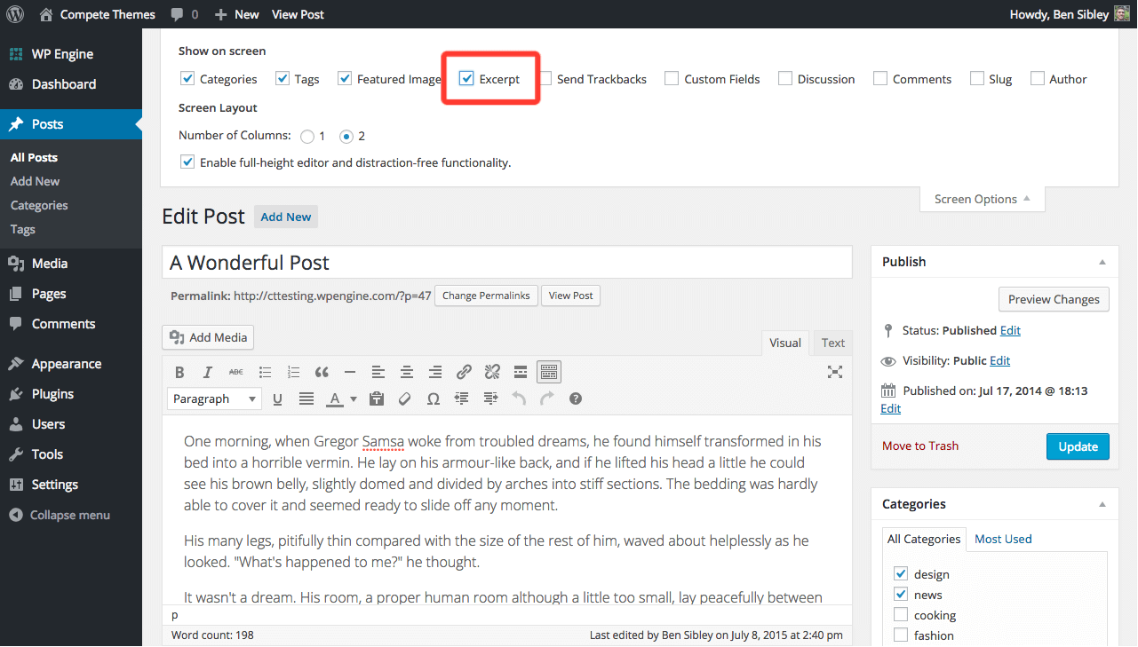 Click on the Excerpt checkbox, and scroll back down the page until you see the Excerpt box