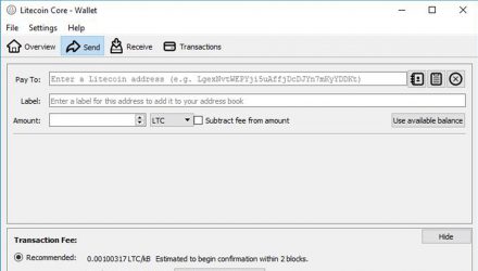 A screenshot showing the Send tab, particularly fees section in Litecoin Core