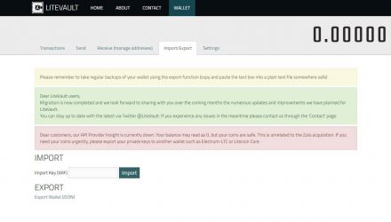 Screenshot of the wallet's import and export key options