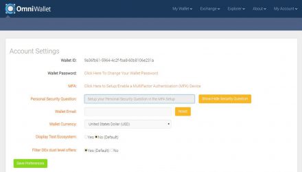 Omniwallet's account settings menu