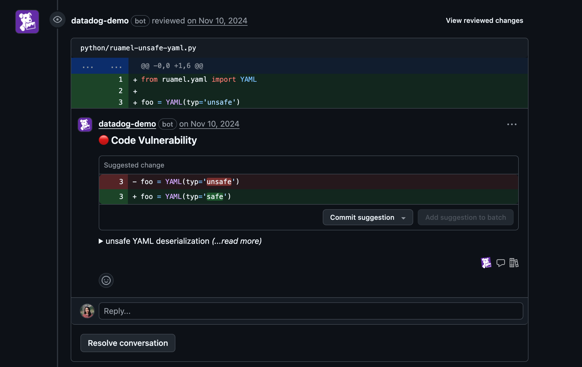 Datadog Code Security generates an inline comment on a PR. Datadog Code Security generates an inline comment on a PR.
