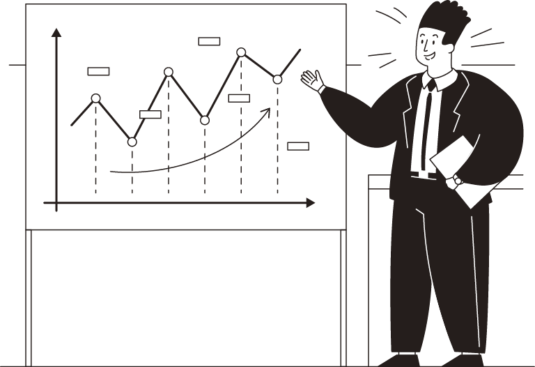 スーツ姿の大川さん。グラフを前にいきいきとプレゼンをしています。