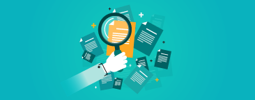 Magnifying glass inspecting documents.