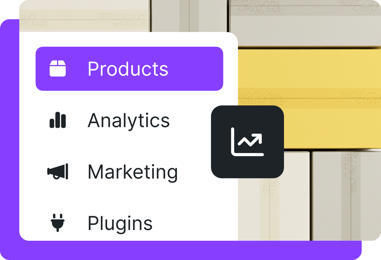 A navigation menu highlights the “Products” tab in purple, with additional options for Analytics, Marketing, and Plugins, overlaid on a background of stacked packaged boxes.