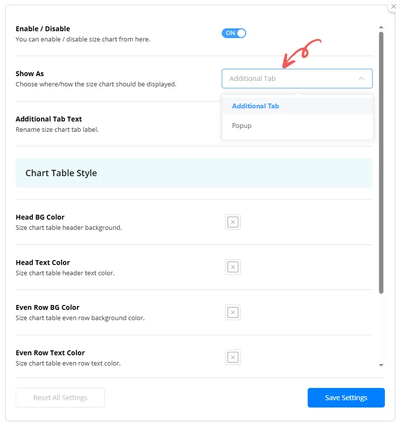 Display Option Image - Size Chart