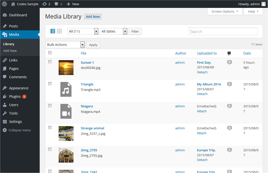 Showing List view for the items inside media library