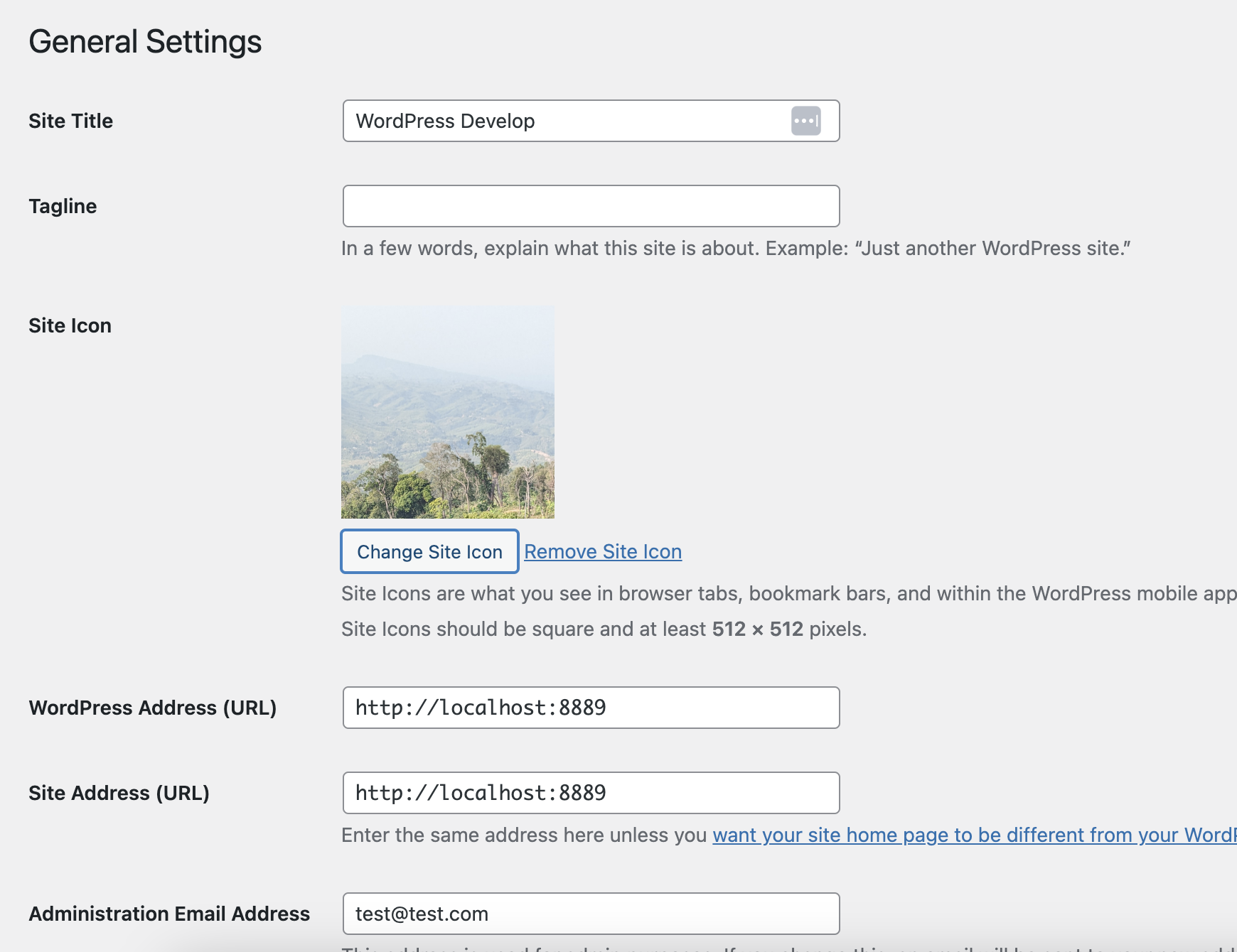screenshot of the general settings tab where the site icon is added in WordPress since version 6.5