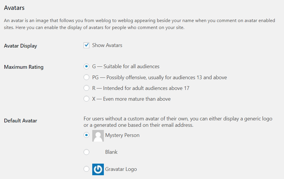 Avatar rating and default icon