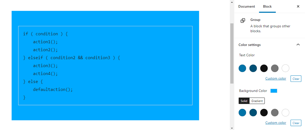 Code block in a group with a colored background