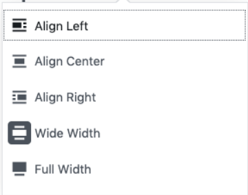 Alignment options for the block: wide width, full width, align left, align center, and align right.
