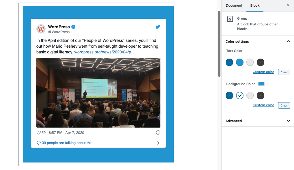 Editor view of an Twitter Embed as a group with Color Settings controls