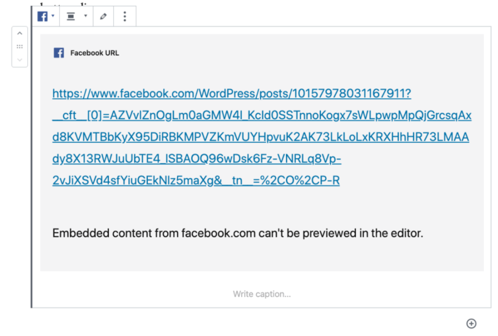 The message “Embedded content from facebook.com can’t be previewed in the editor” when you embed a Facebook post.
