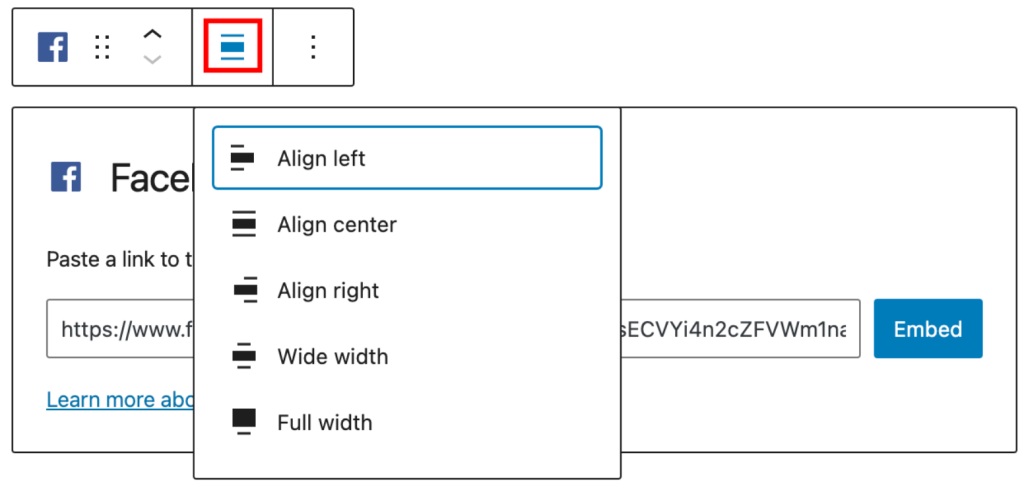 Change alignment in the Facebook embed block toolbar