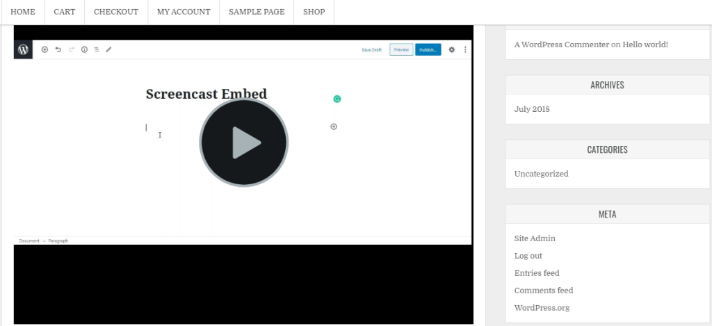 Preview of the embedded Screencast video within the WordPress editor.