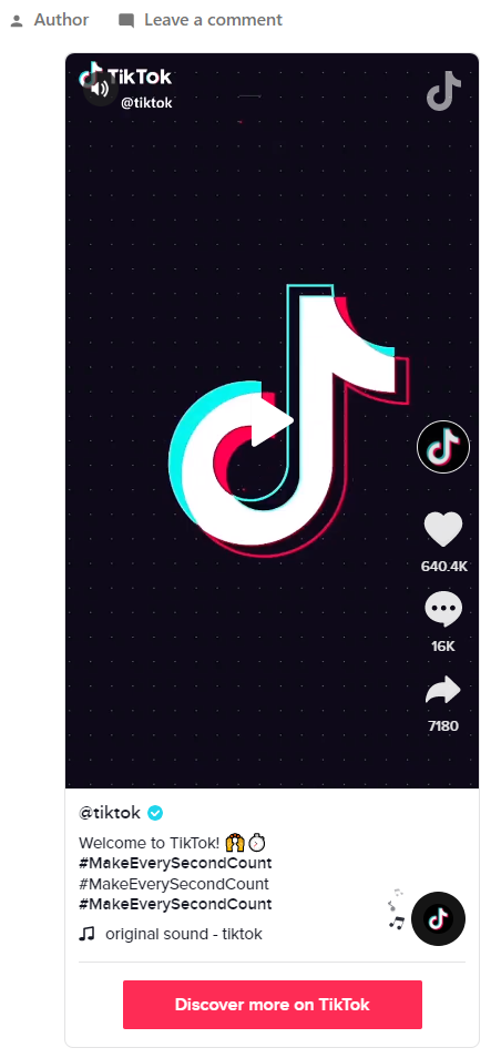 Preview of the embedded TikTok video within the WordPress editor.