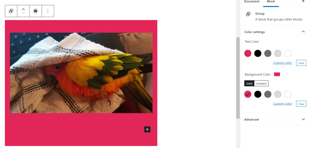 Editor view of a Cloudup Embed as a group with Color Settings controls