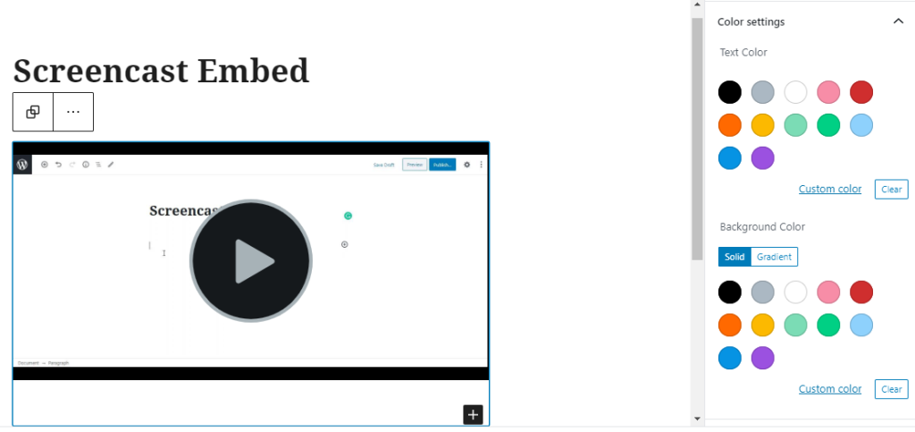 Editor view of a Screencast Embed as a group with Color Settings controls