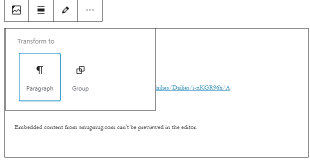 Options to transform the SmugMug block to Paragraph, or Group.