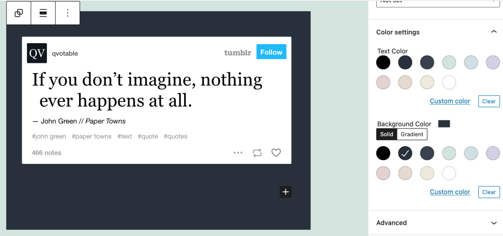 Editor view of a Tumblr Embed as a group with Color Settings controls