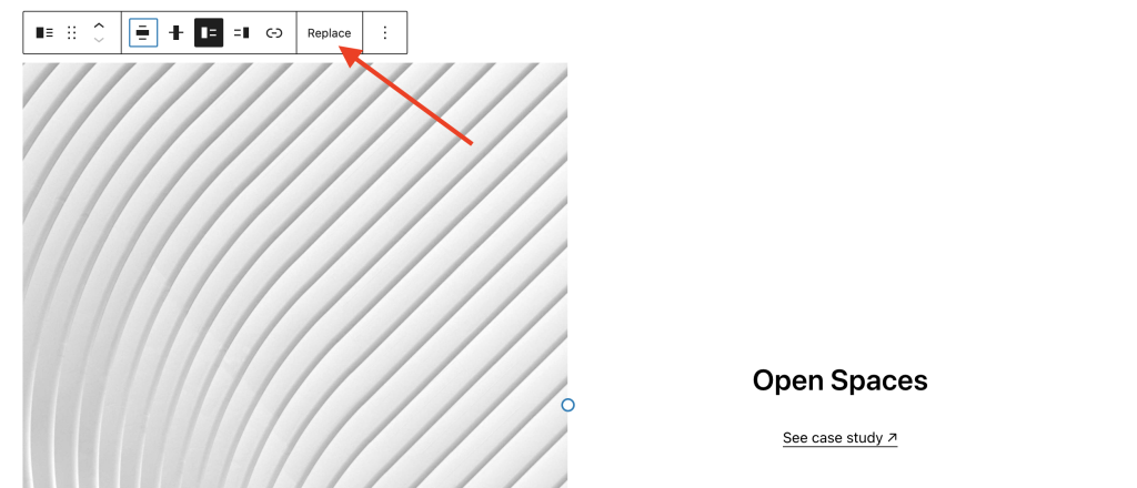 Image of a block pattern showing an arrow pointing to the Replace option for the image in the pattern.