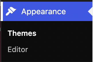 Appearance section of the admin interface showing the Themes and Editor entry points after activating a block theme.