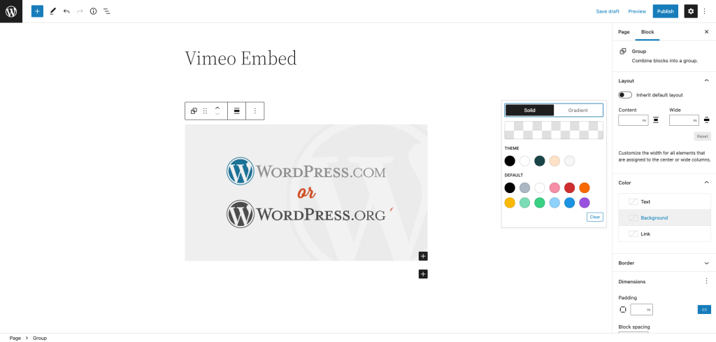 Vimeo block inside the group block