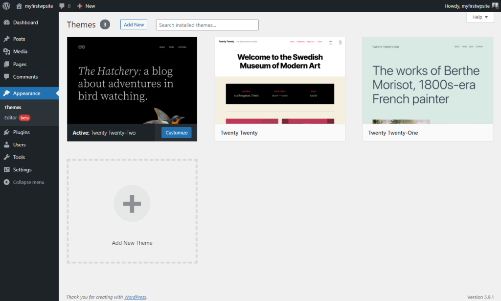 Themes in the Admin dashboard > Themes