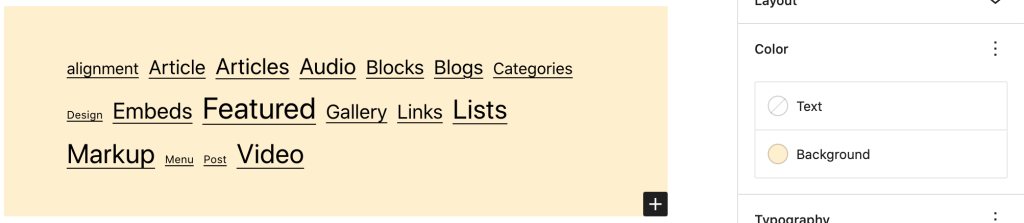 Editor view of an Tag Cloud block as a group with Color Settings controls