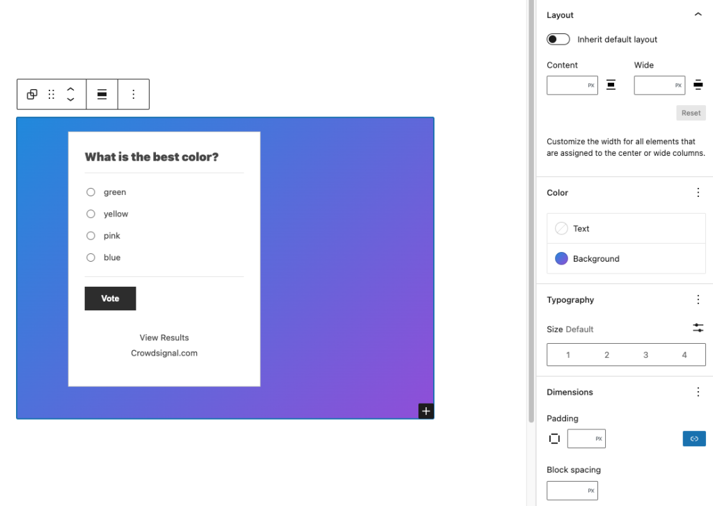 Example of transforming Crowdsignal block to group and updating the background to gradient.
