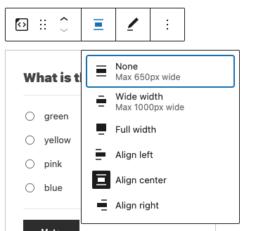 Alignment options for the Crowdsignal block: wide width, full width, align left, align center, and align right.