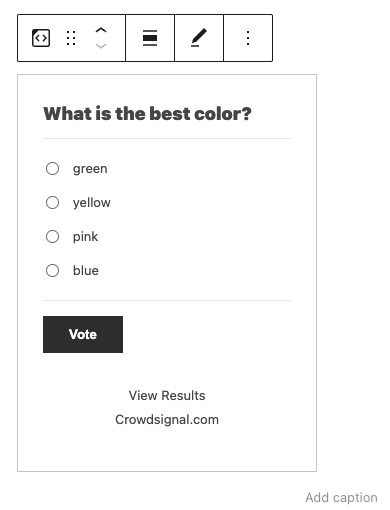 Preview of the embedded Crowdsignal poll within the WordPress editor.