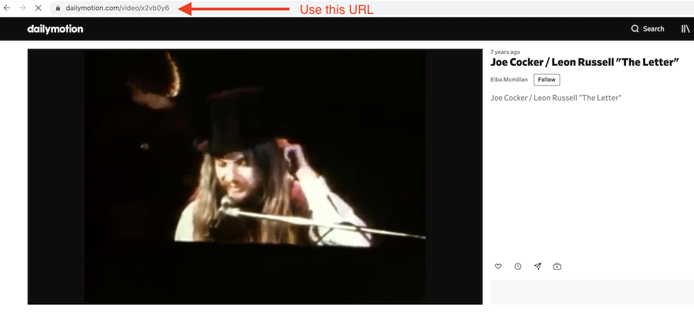 Screenshot of Dailymotion and the correct URL to copy to use the embed block.