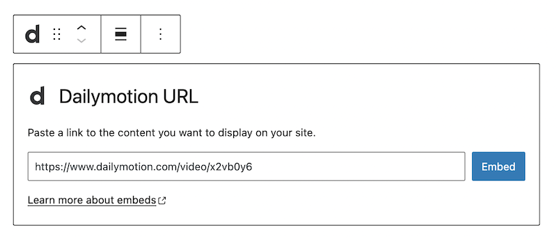 Embed option for the Dailymotion block to paste the URL.
