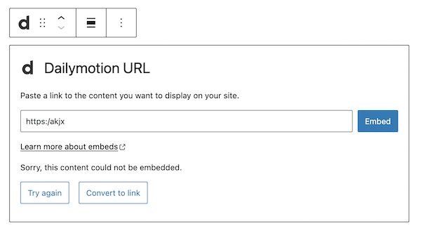 Example of a URL that cannot be embedded. Two options are presented, try again or convert to link.