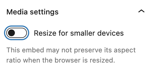 Media settings for the Scribd embed block with the toggle OFF for resizing on smaller devices.