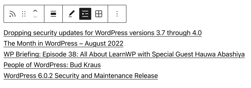 Display of the RSS feed.