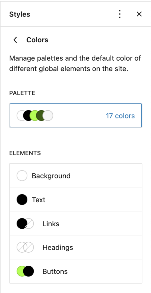 Color settings in the Styles panel