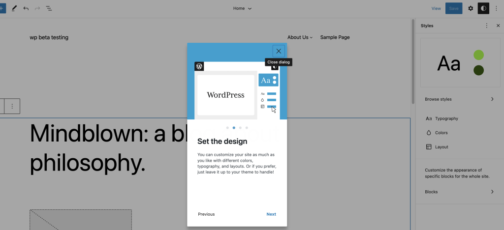 Welcome guide in the Styles interface