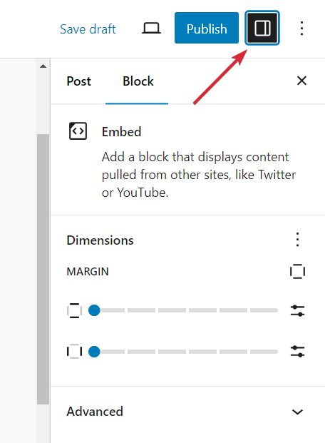 How to show the Block settings sidebar from the cog icon