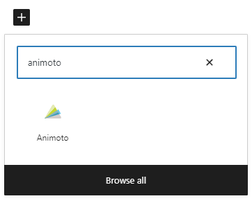 Choose Animoto block when adding a block to your post or page