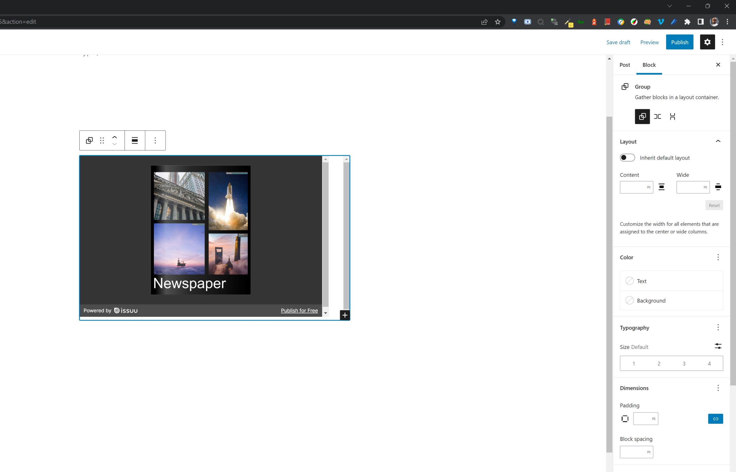 Editor view of a Issuu Embed as a group with Color Settings controls
