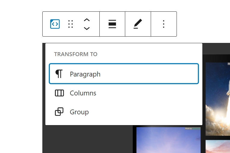 Transform an embedded block to Paragraph, Columns or Group