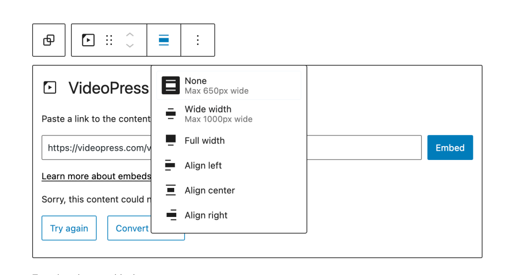Alignment options for the VideoPress block: wide width, full width, align left, align center, and align right.