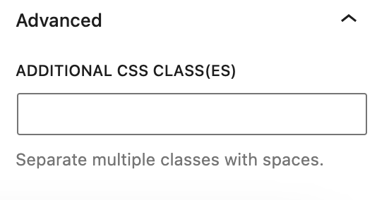 The advanced section lets you add a CSS class to your block.