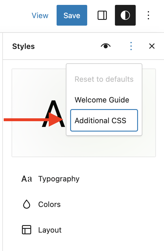 Additional CSS option visible from the three dot menu in the Style interface with a red arrow pointing to it to highlight the location.